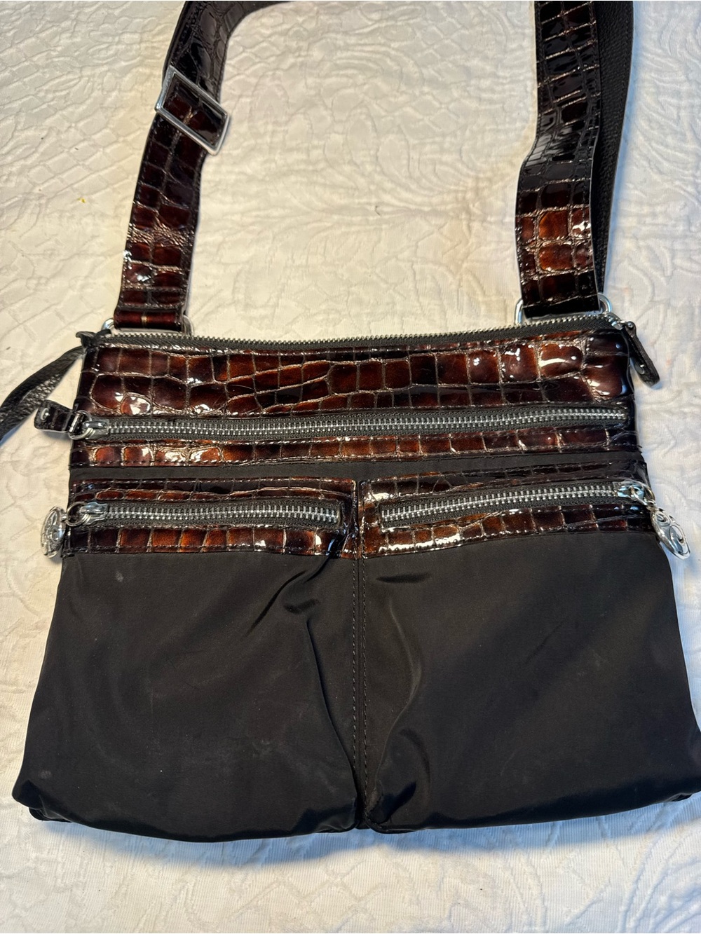 BRIGHTON Black/Brown Nylon GO GO Slim Crossbody Bag Croc Accents